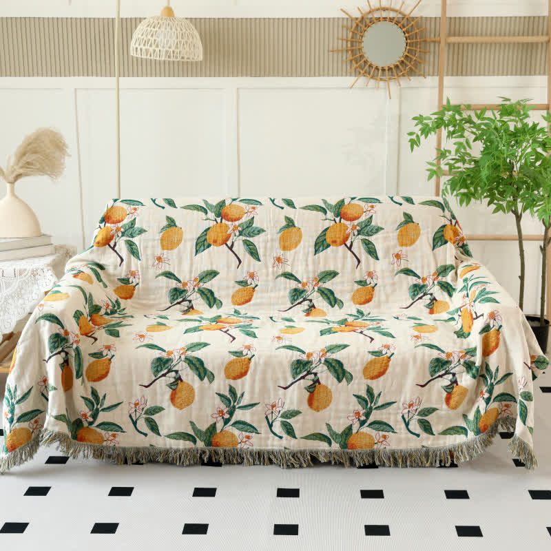 Lemon Print Cotton Gauze Tassel Reversible Quilt