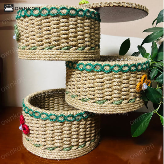 Cesta de almacenamiento rural de cuerda de cáñamo de tres capas