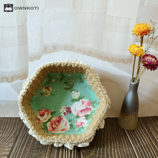 Cesta de almacenamiento de cuerda de cáñamo con diseño floral hexagonal