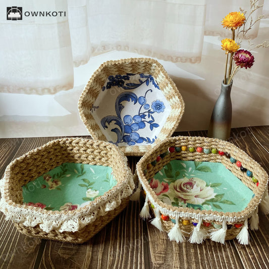 Cesta de almacenamiento de cuerda de cáñamo con diseño floral hexagonal