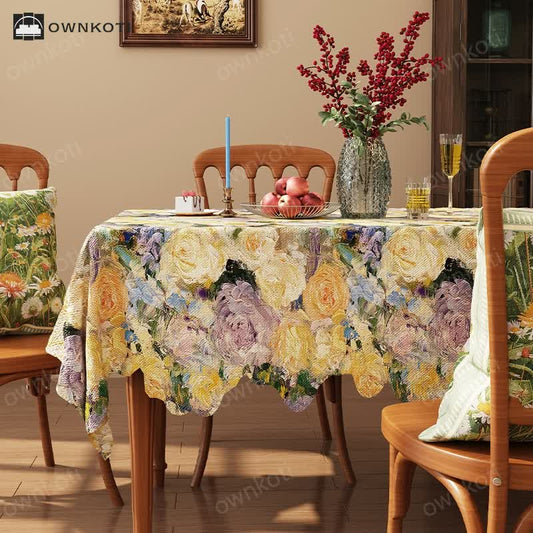 Oil Painting Style Floral Jacquard Wavy Edge Tablecloth