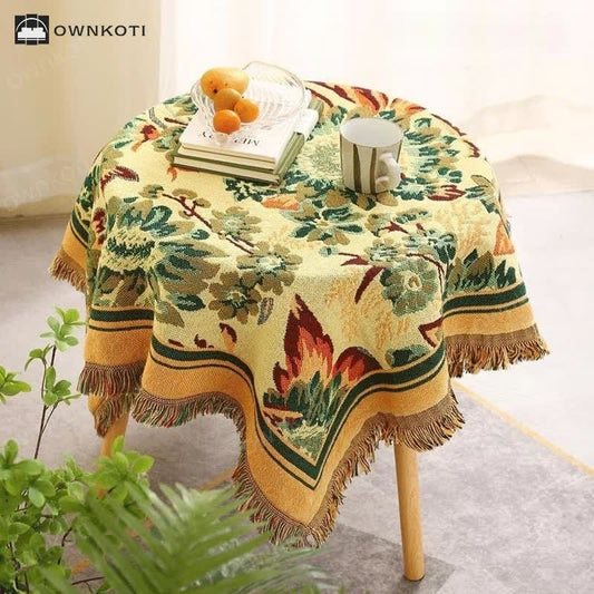 Vintage Jacquard Gerbera Blue Sunflower Tablecloth