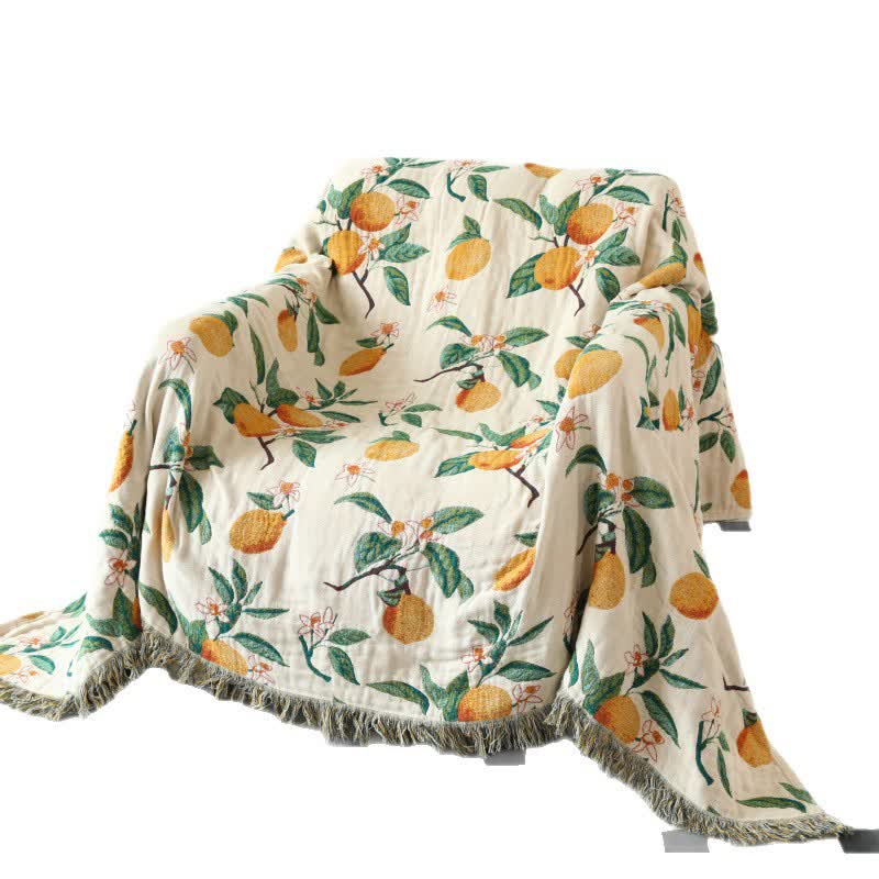 Lemon Print Cotton Gauze Tassel Reversible Quilt