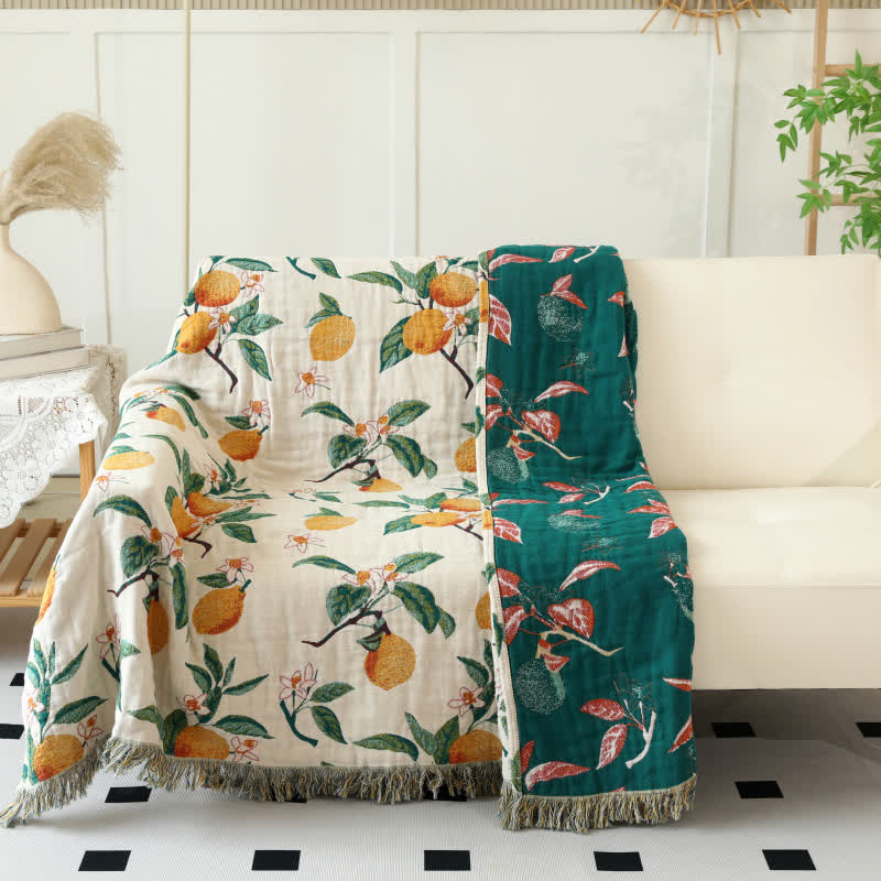 Lemon Print Cotton Gauze Tassel Reversible Quilt